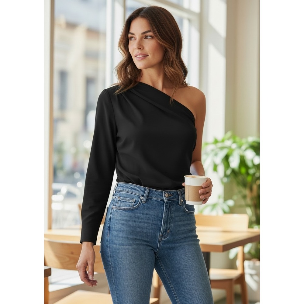 Zara Black One Shoulder Asymmetric One Sleeve Drape Top Women's Large